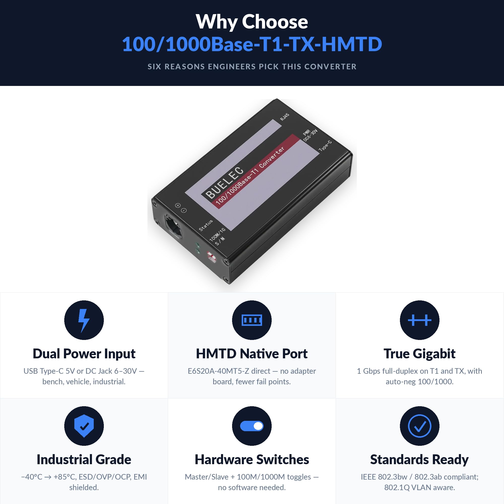 100/1000Base-T1-TX-HMDT Automotive Ethernet Media Converter - 100/1000BASE-T1 to TX Adaptador, Marvell 88Q2112 & Realtek RTL8211FI Phy, H-MDT Connector, Industrial Grade Type-C/DC Power