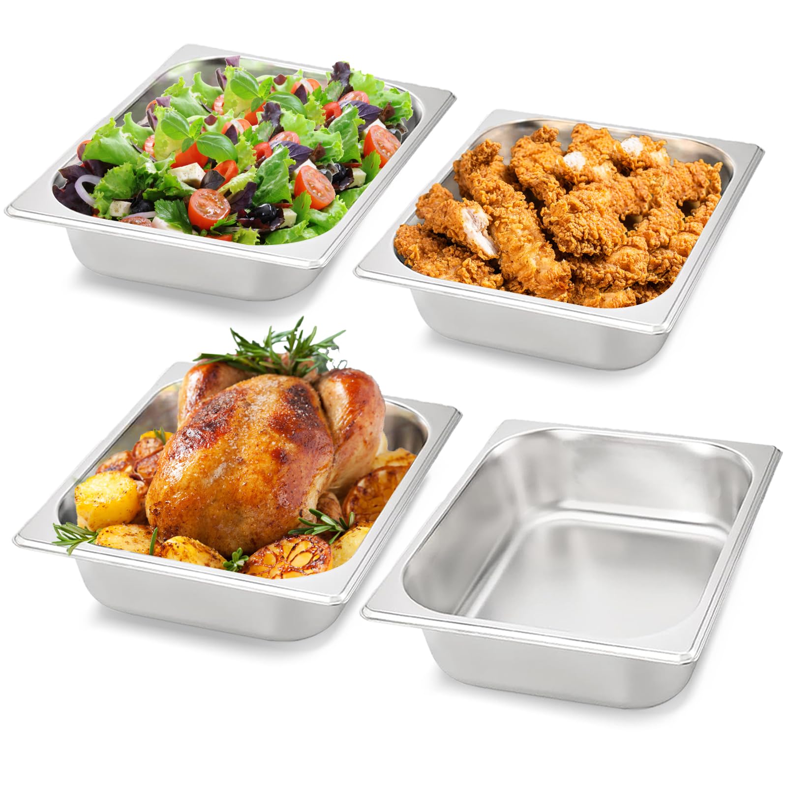 4 Pack Half Size Hotel Pans, 1/2 Size 2.6 Inch Deep Stainless Steel Steam Table Pan, Anti-Jam Food Pan Chafing Pan for Home, Hotel, Party Catering Supplies