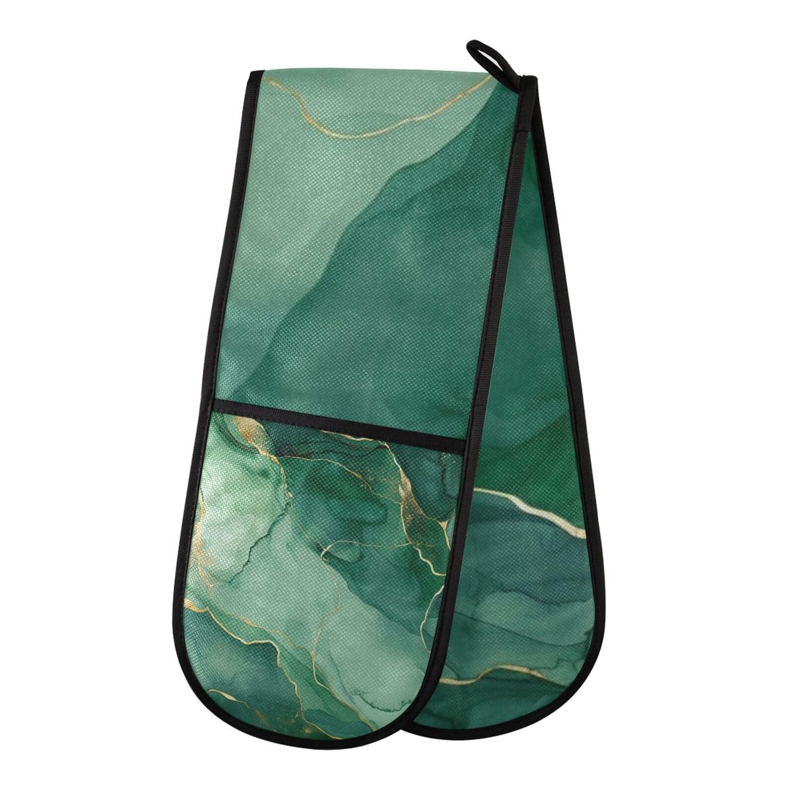 Oven Gloves Double Oven Gloves Marble Green Oven Mitts Pot Holder Heat Resistant Quilted for BBQ Baking Kitchen Cooking Gloves