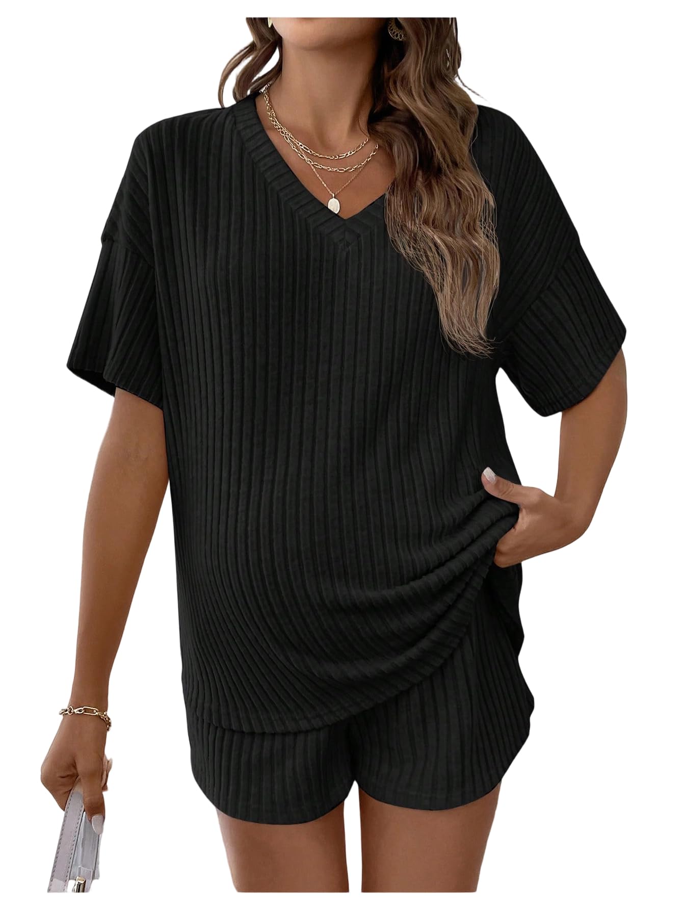 MakeMeChic Women's Maternity 2 Piece Sets Ribbed Shirt and Biker Shorts