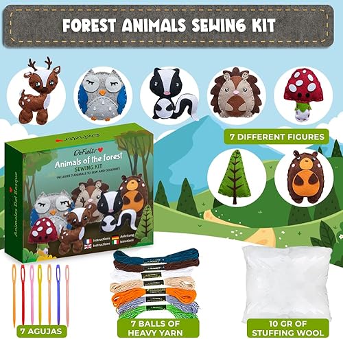 Miniatura 2 de DeFieltro Kit de costura para niños, animales del bosque, creativo y educativo, hermoso kit completo de manualidades de costura con fieltro de fácil