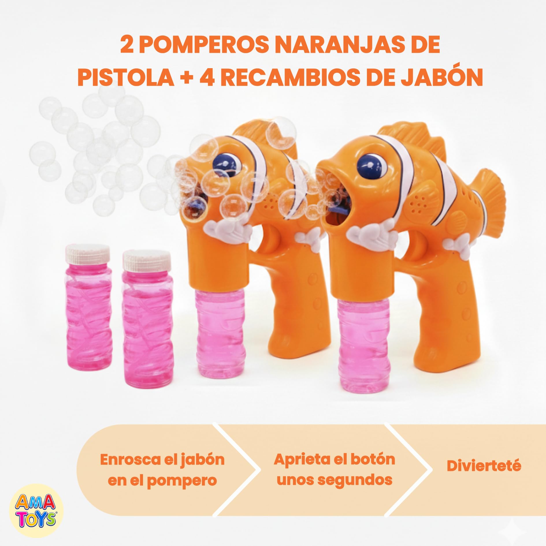 Pistola de Burbujas - Set de 3 - AMATOYS - Máquina de Pompas Automática con Luces - Forma de Animales - Pomperos para Niños y Niñas - Juguete para Piscina y Verano (PEZ_Naranja)