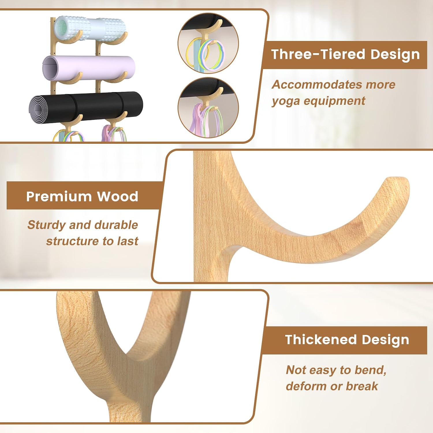 Wooden Yoga Mat Holder Wall Mount, Yoga Mat Storage Rack, Home Gym Equipment Organizer, Wall Mount Workout Storage Holder for Hanging Foam Rollers and Resistance Bands