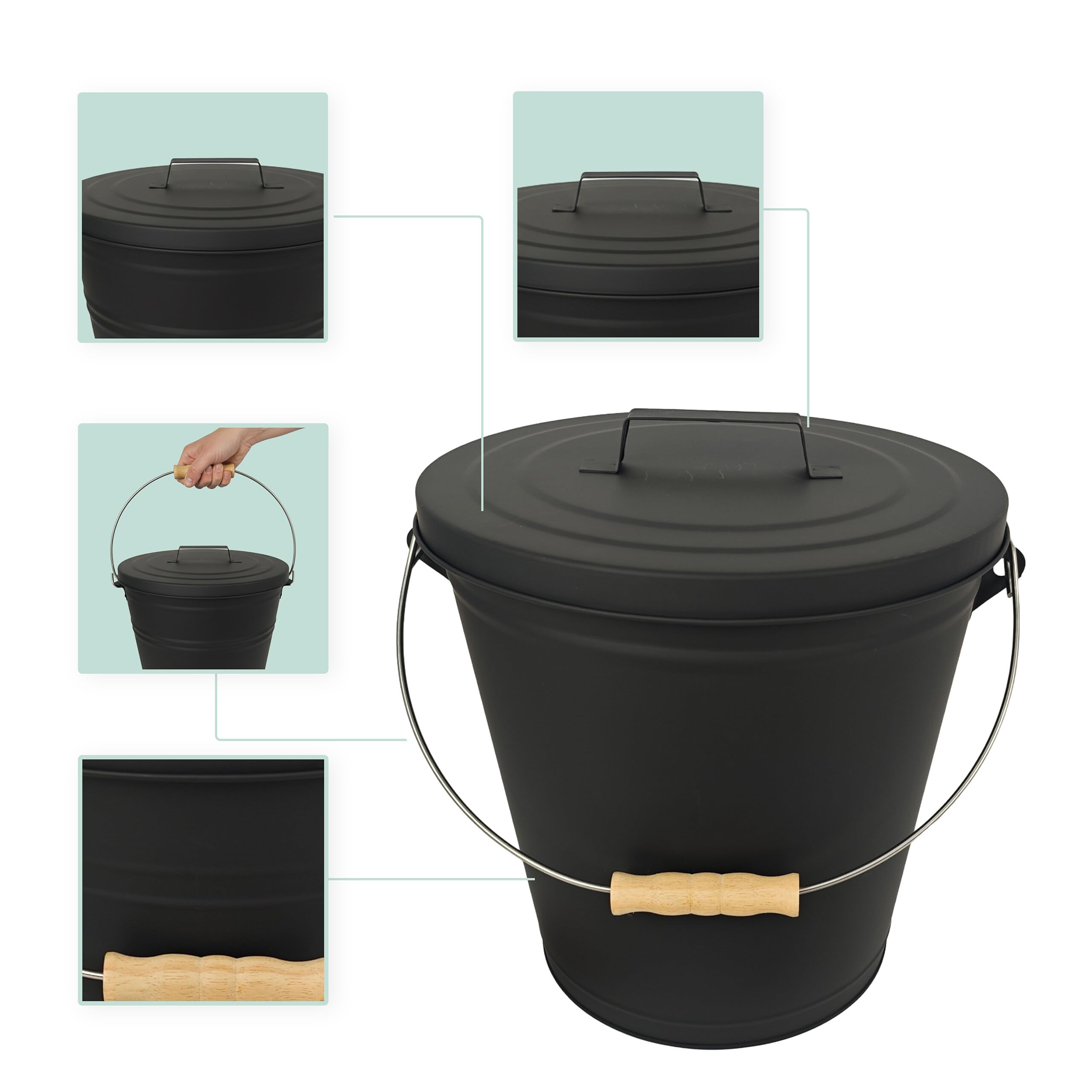 Relaxdays Cubo para Cenizas de 20 l con Tapa, Cepillo y Pala, asa Negro/Natural