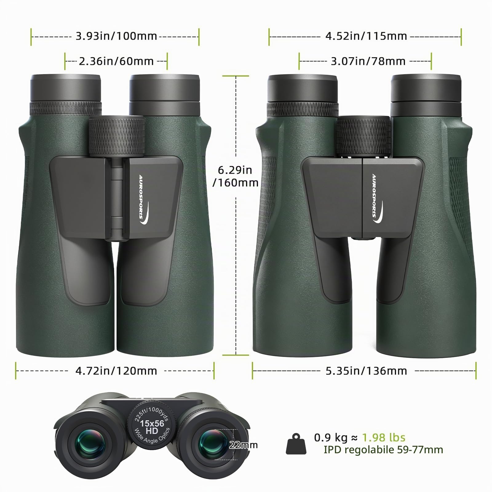 Aurosports - Binocolo 15 x 56 per adulti ad alta potenza, con visione ampia e visione chiara in condizioni di scarsa illuminazione, leggero e facile da mettere a fuoco, per bird watching, caccia,