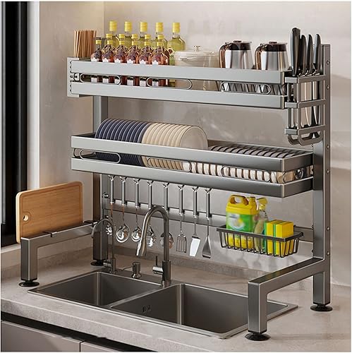 Miniatura 1 de Estante de secado de platos para encima del fregadero, estante organizador de mostrador multifuncional expandible de 2 niveles, estante de platos
