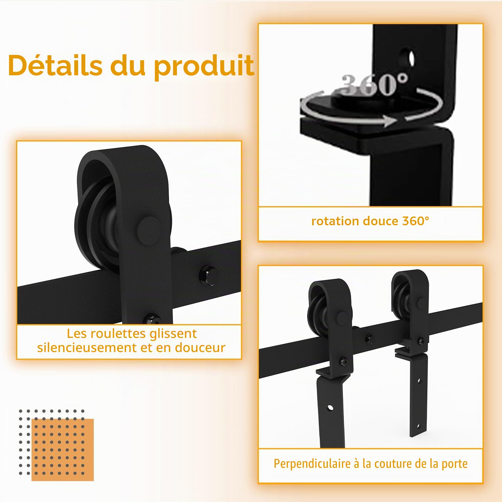 W&H Kit complet de ferrures de porte coulissante pour 2 portes - Noir - 100 m - Peu encombrant - Rail de porte pliante (sans porte)