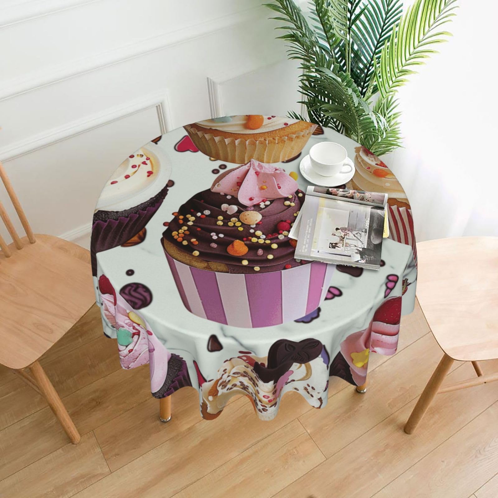 WPKJU Delicious Cupcakes Printed Round Tablecloth 60 in Water Resistant Table Cover Washable Table Cloth for Dining Tables