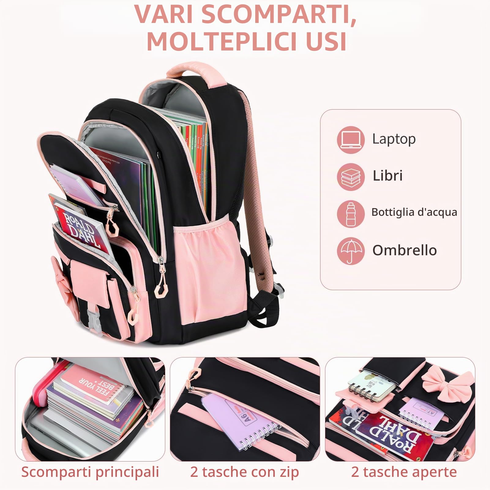 Zaino Scuola Elementare Bambina Leggero 2 Pezzi con Astuccio, NeroRosa