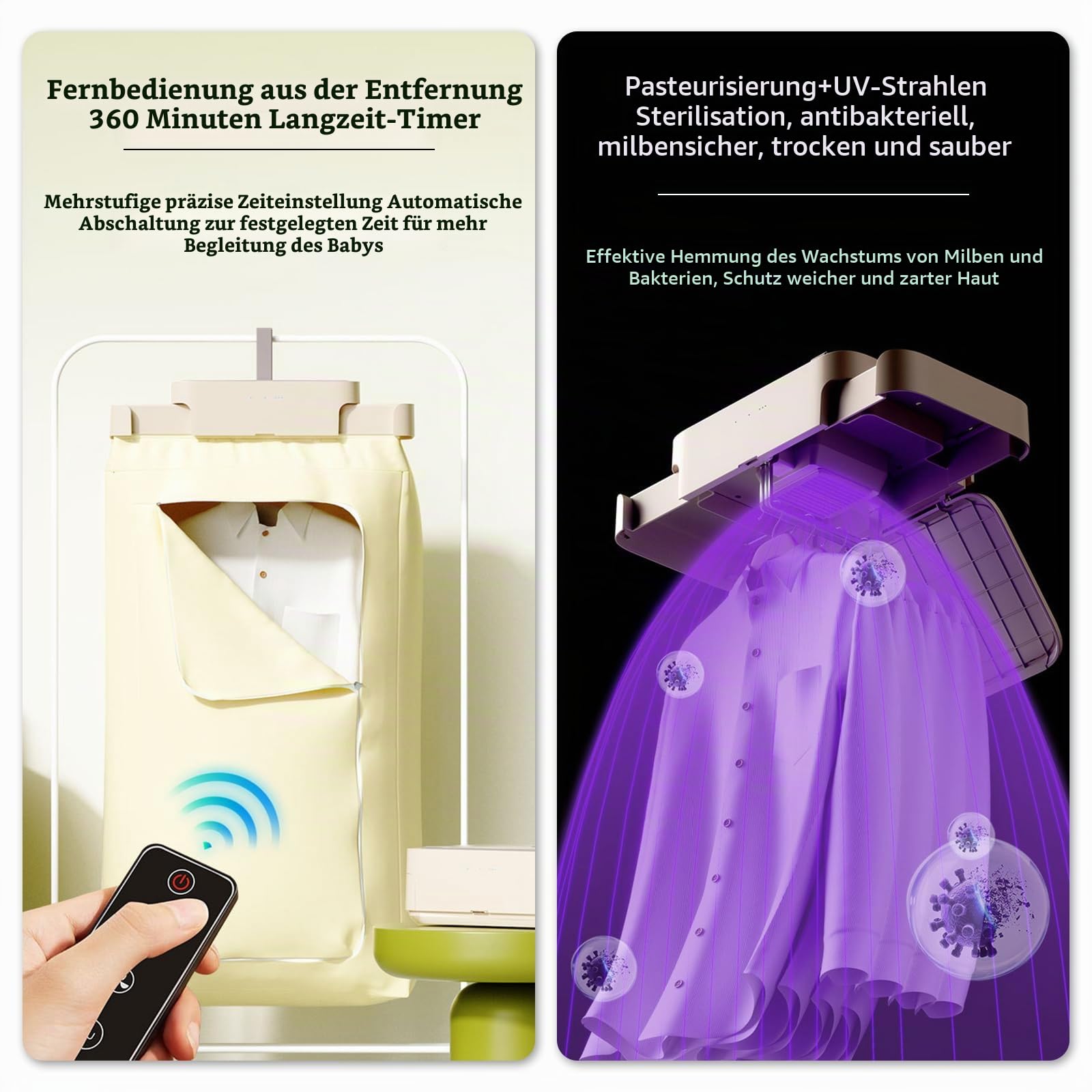 Mini Trockner mit Zeitschaltuhr mit UV Sterilisationsfunktion | Kleiner Wäschetrockner mit Fernbedienung für Reisen, Apartments und Wohnheime
