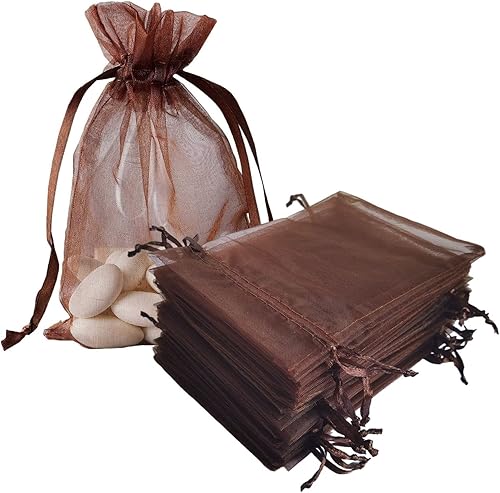 Bolsas de regalo de organza de 100 unidades con cordón de 4 x 6 pulgadas, color marrón para baby shower, cumpleaños de niña, recuerdos de fiesta,