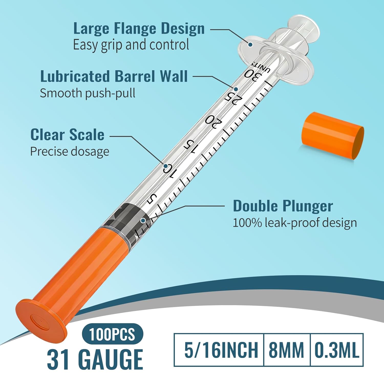 Jeringas de insulina, 0.3 ml, 31G, 5/16" (8 mm) con aguja, U-100, envasadas individualmente, paquete de 100