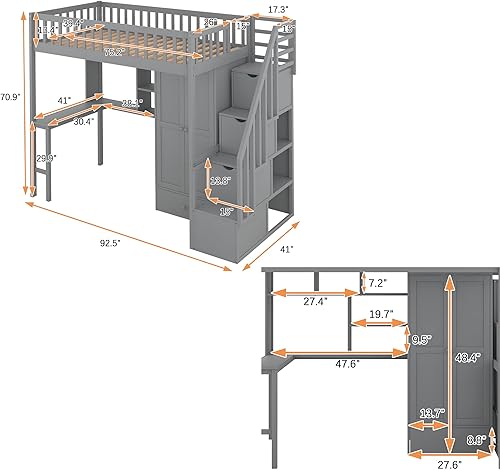 Miniatura 261 de Quarte Cama alta multifuncional, cama alta tamaño matrimonial con escritorio integrado y estantes de almacenamiento, dos cajones y escalera de