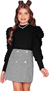 Girl's 2 Piece Outfits Long Puff Sleeve Mock Neck Knit Tops and Houndstooth Print Button Short Skirt Set