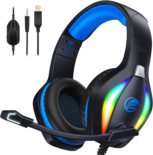 Fachixy FC100 - Auriculares para juegos con micrófono para PS4, PS5, Switch, Xbox, PC, Mac, auriculares gamer con luz RGB, auriculares de