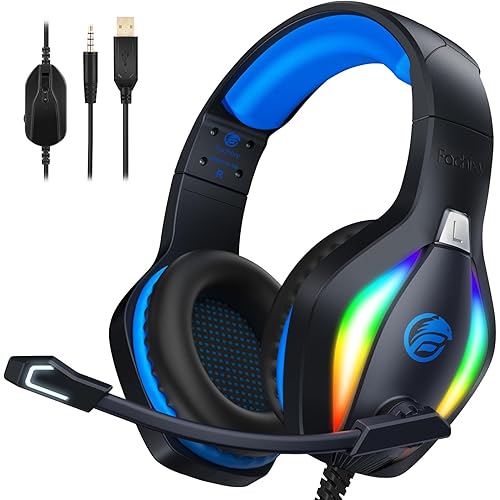 Fachixy FC100 Gaming Headset with Microphone for PS4, PS5, Switch, Xbox, PC, Mac, Gamer Headset with RGB Light, Computer Headphones with Mic