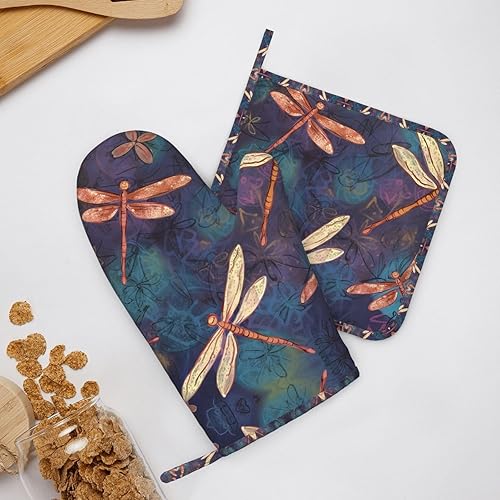 Miniatura 6 de Juego de guantes de horno y soportes para ollas pintados a mano con libélula impresos, resistentes al calor, antideslizantes, guantes de cocina, 2