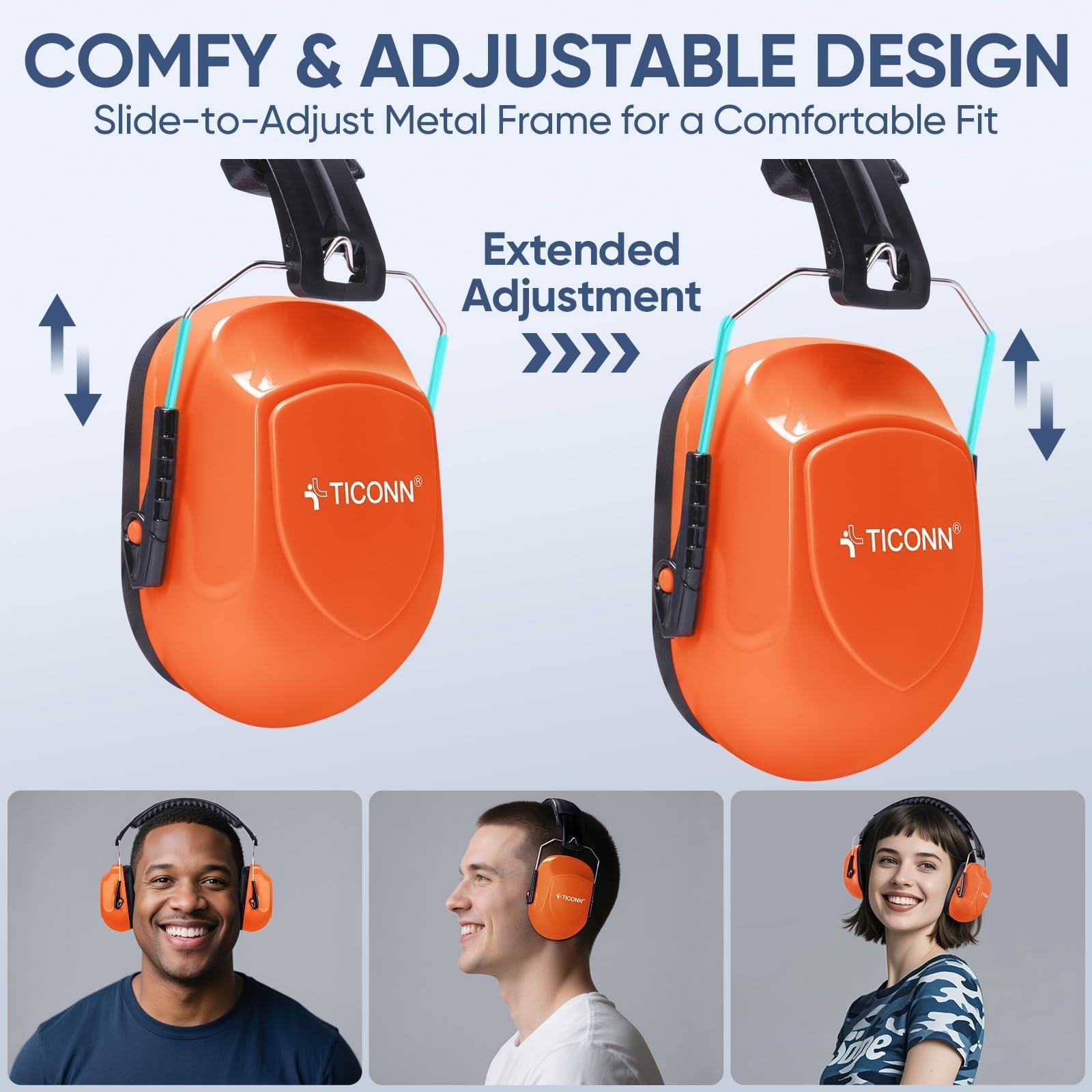 TICONN Noise Cancelling Ear Muffs for Adults, SNR 33dB Hearing Protection, Adjustable Safety Earmuffs for hunting, Construction (Bright Orange) view 3