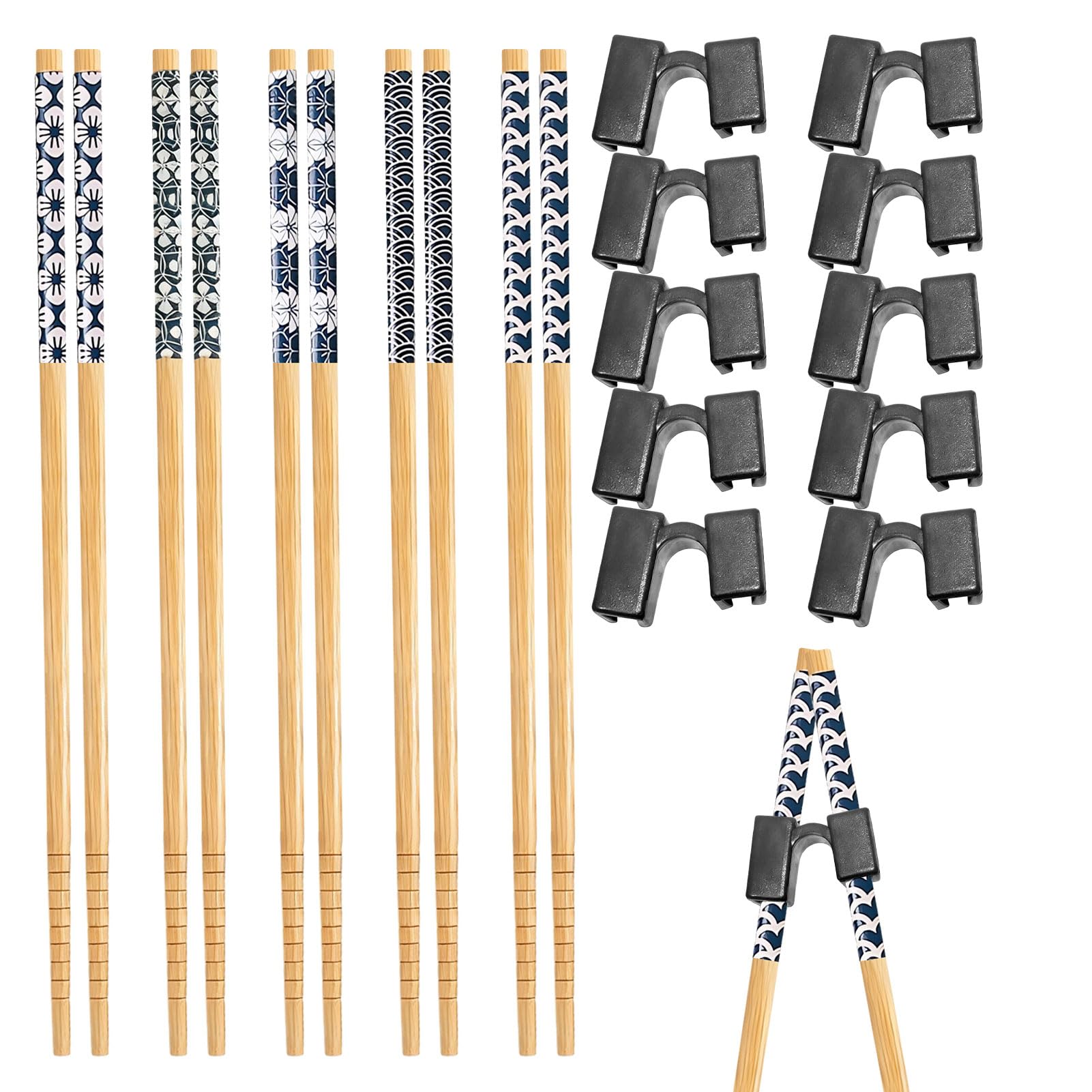 5 Pairs Chopsticks for Beginners with 10 Chopstick Helper Aids Reusable Training Chopsticks Helpers for Adults Dishwasher Safe Colors Comes (Black)