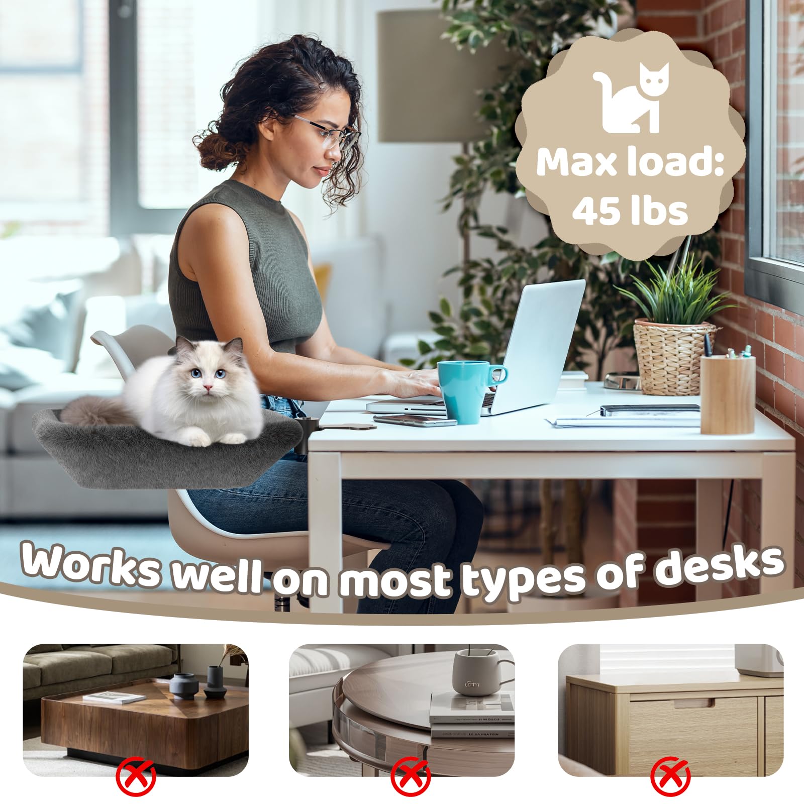 Cama para Gatos para Escritorio, Hamaca para Gatos Suave, Cama para Mascota Montada en el Escritorio Giratoria de 360°, Casa para Gatito sobre el Mesa para Oficina e Casa, hasta 20KG