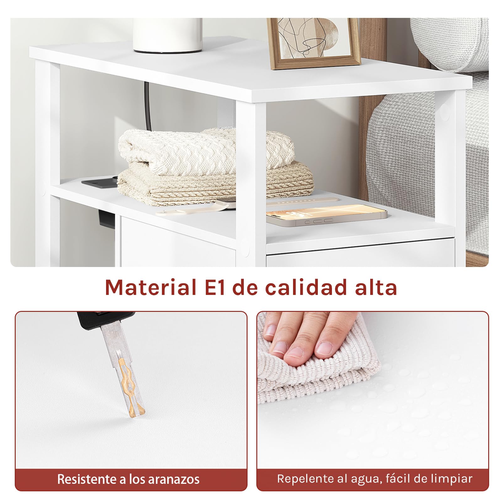 WOLTU Mesita Auxiliar con Enchufe, Mesa Centro con 2 Cajones y 2 Estantes, Mesilla con Enchufe y Puertos USB, para Salón y Dormitorio, Blanco, 60x60x30 cm, BTS28ws
