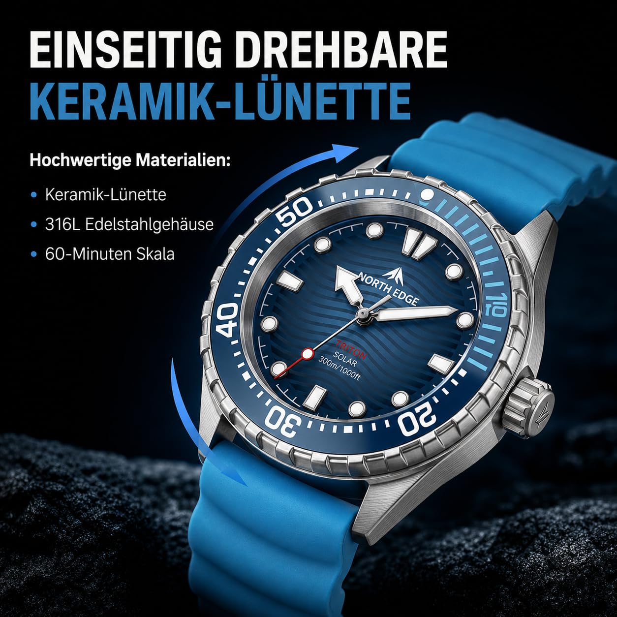 NORTH EDGE Triton Herren Solar Taucheruhr, 300 m wasserdicht, Quarz Armbanduhr mit Leuchtzeigern, drehbarer Lünette, verschraubter Krone, Outdoor Dive Watch