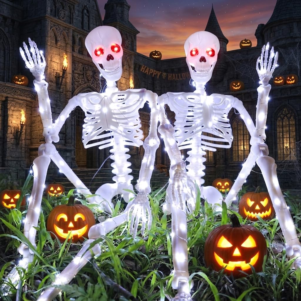 daboot 2er-Pack 90 cm beleuchtetes Halloween-Skelett mit LED & 2 roten Augen, beweglicher Ganzkörper, hängende Innen-/Außendekoration für Hof & Veranda (Weiß)