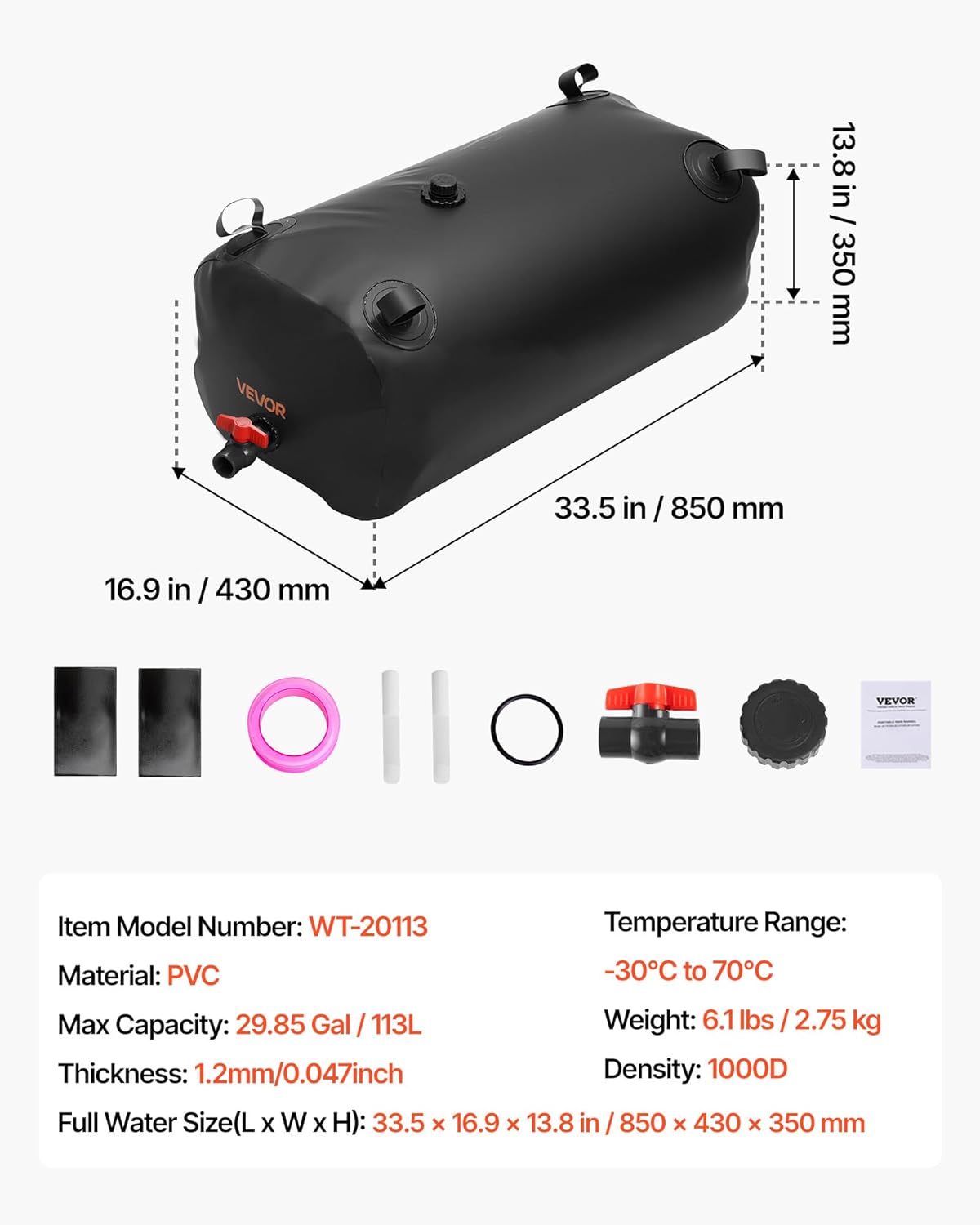 A person watering a garden with a hose connected to the VEVOR Water Storage Bladder in a truck bed.