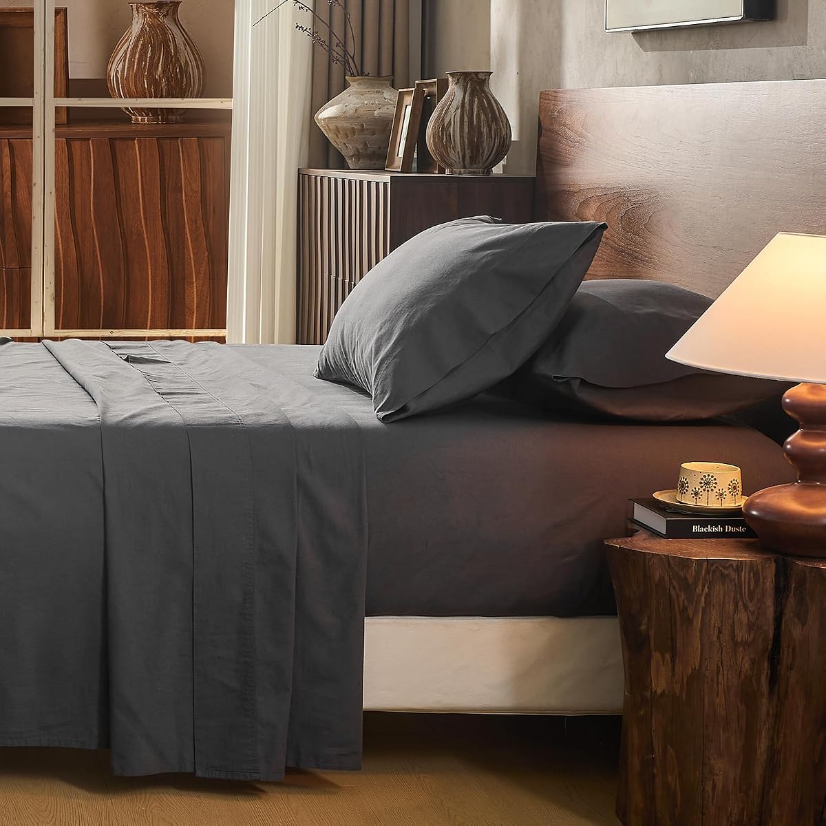 Juego de sábanas 100% lino tamaño Queen con bolsillo extra profundo para colchones de 18 a 24 pulgadas, transpirable y suave, juego de 4 piezas para colchones gruesos, ropa de cama de lujo de hotel (Queen, gris oscuro)