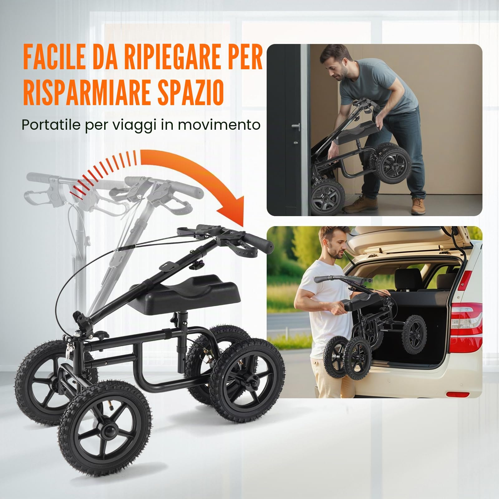 VEVOR Monopattino Pieghevole per Ginocchio Carico160 kg Ginocchia Girevole Acciaio al Carbonio con Manubrio, Regolabili Altezza, Ruota da 30,48 cm per Tutti i Terreni, Ginocchio Caviglia Infortunata