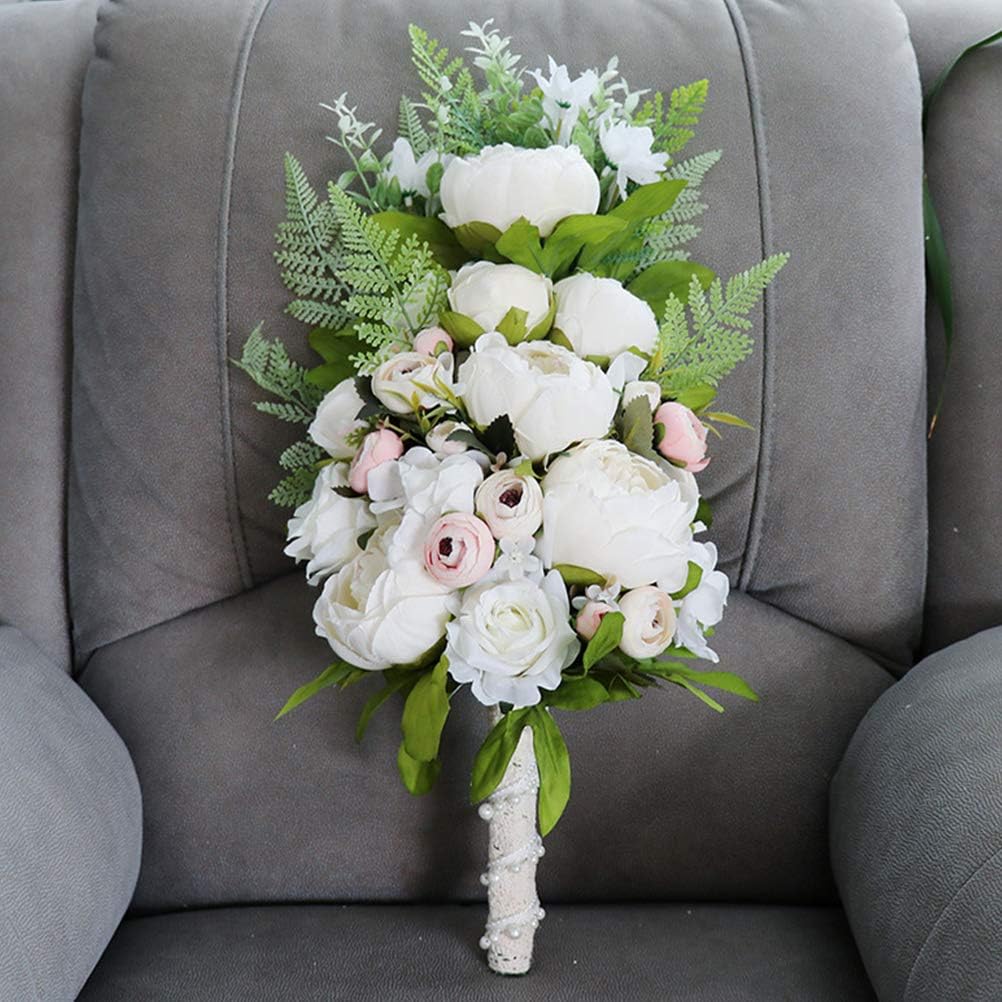 jojofuny Bridal Flower Decor Artificial Peony Wedding Bouquet Handheld Bouquet for Bridesmaids Church Ceremony 18.89X9.84X5.90 Inches Ivory White
