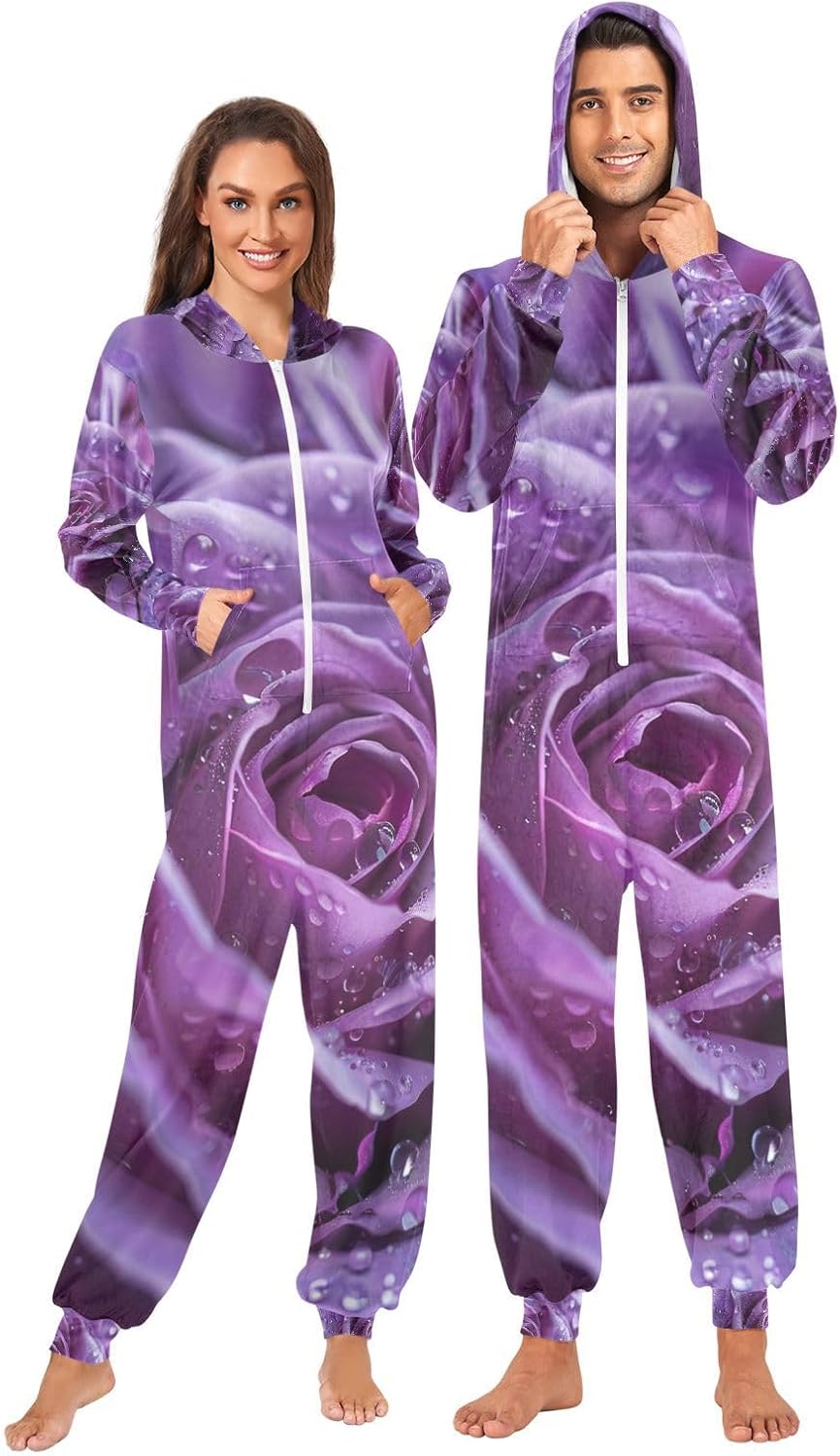 ALAZA Purple Rose Flower Roses Adult Onesie Pajamas for Unisex Novelty One Piece Costume Sleepwear