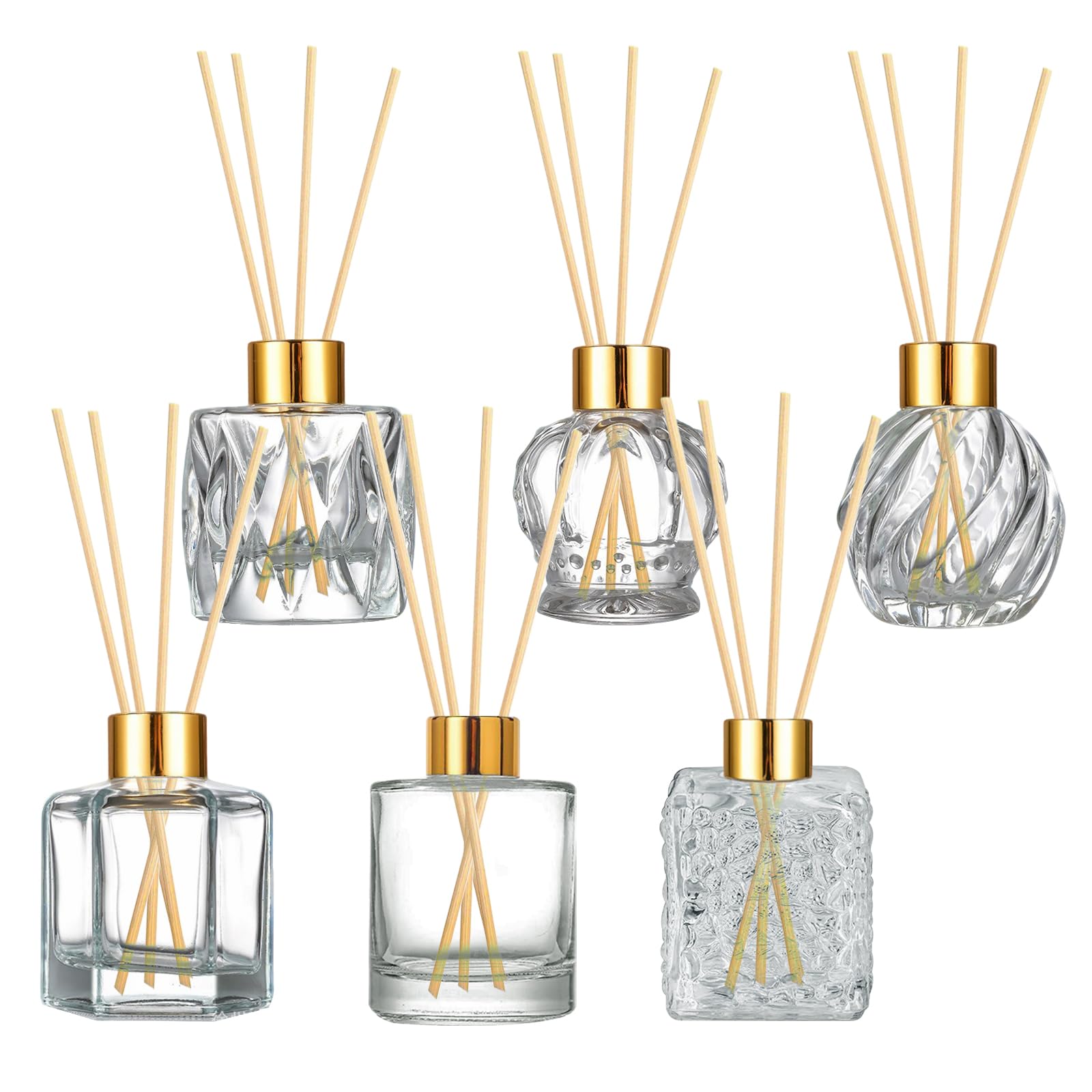 PIGIAOKA Reed Diffuser Bottles Set, 6PCS 100ml Empty Refillable Diffuser Jars with 30pcs Reed Sticks(Random Color), Diamond Glass Bottles with Lids for Home & Office