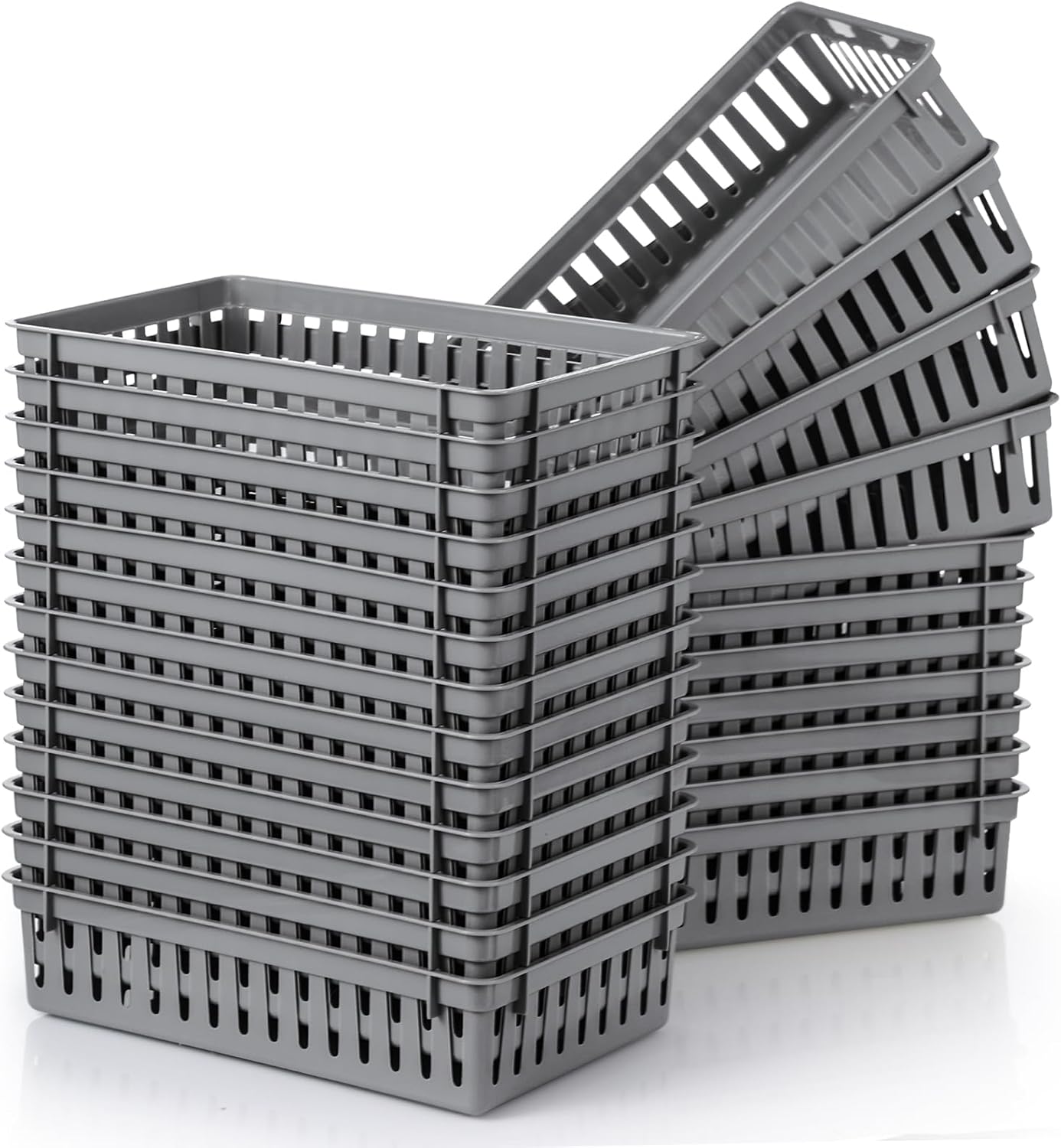 Wenqik 24 Pcs Small Plastic Storage Baskets Bulk for Organizing 10.24 x 6.5 x 2.36 Inch Plastic Storage Bins Tray Organizer Bin Container for Bedroom Office Classroom Desktop(Gray)