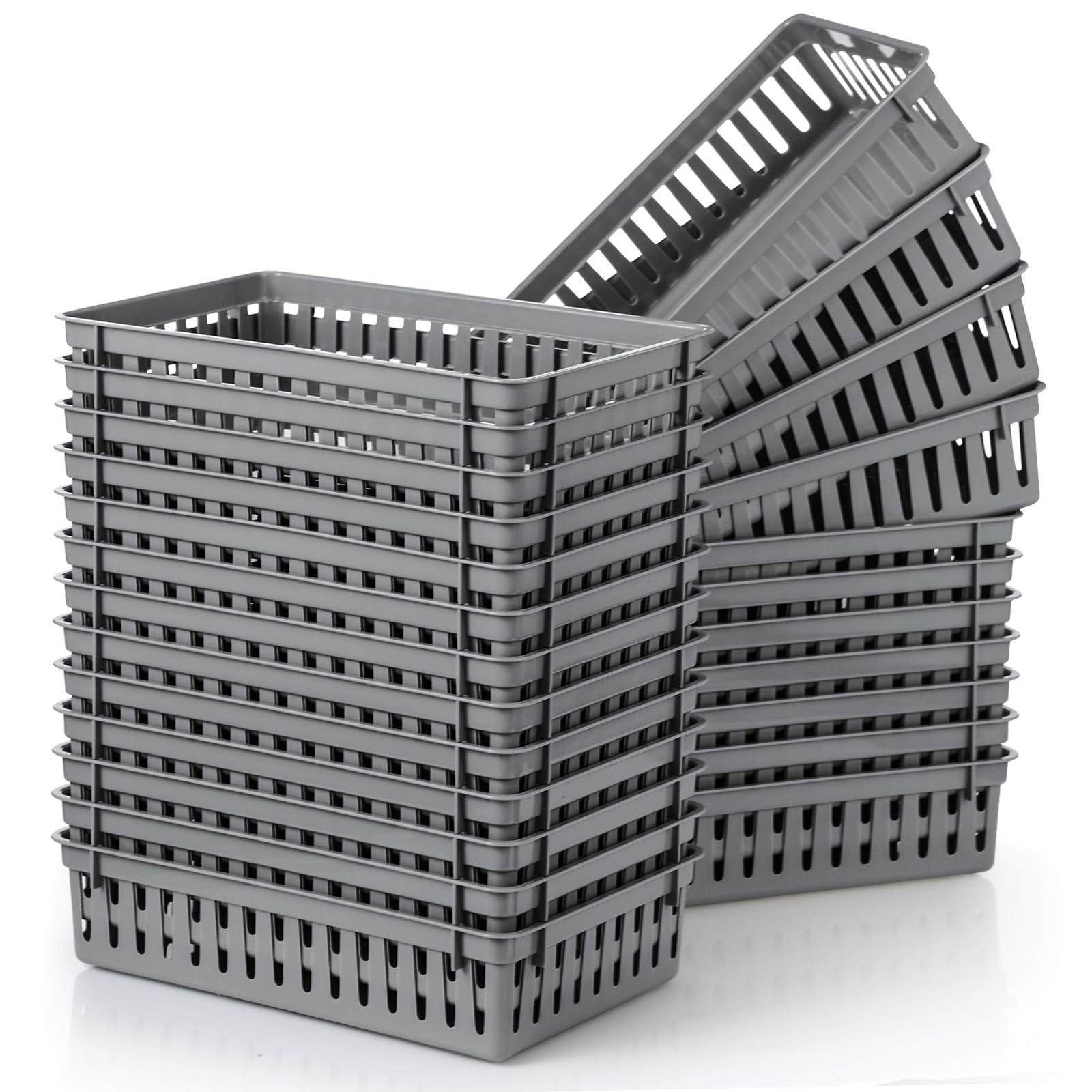 Wenqik 24 Pcs Small Plastic Storage Baskets Bulk for Organizing 10.24 x 6.5 x 2.36 Inch Plastic Storage Bins Tray Organizer Bin Container for Bedroom Office Classroom Desktop(Gray)