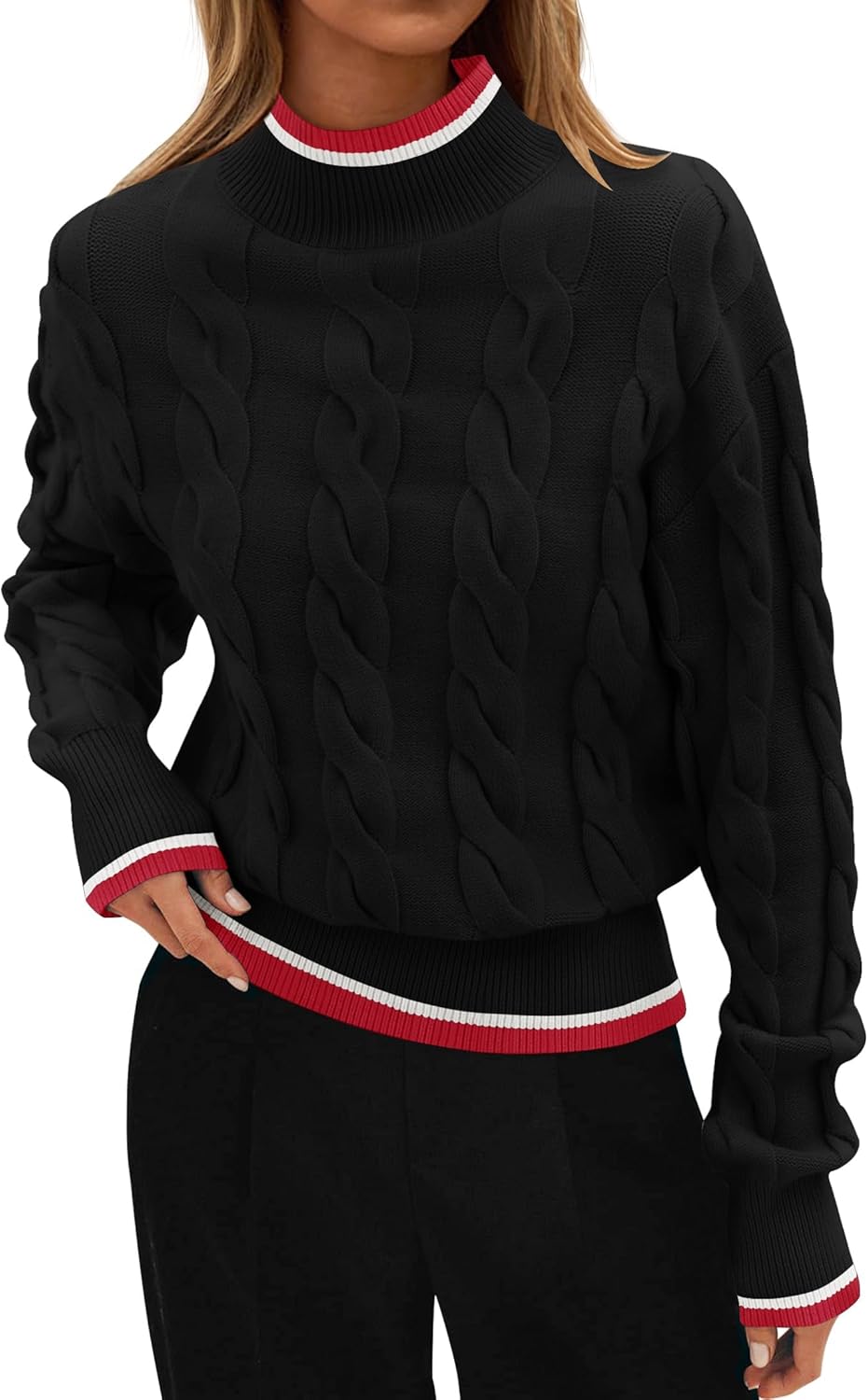 ZESICA Women's Casual Long Sleeve Mock Neck Cable Knit Contrast Color Fall 2026 Winter Chunky Pullover Sweater