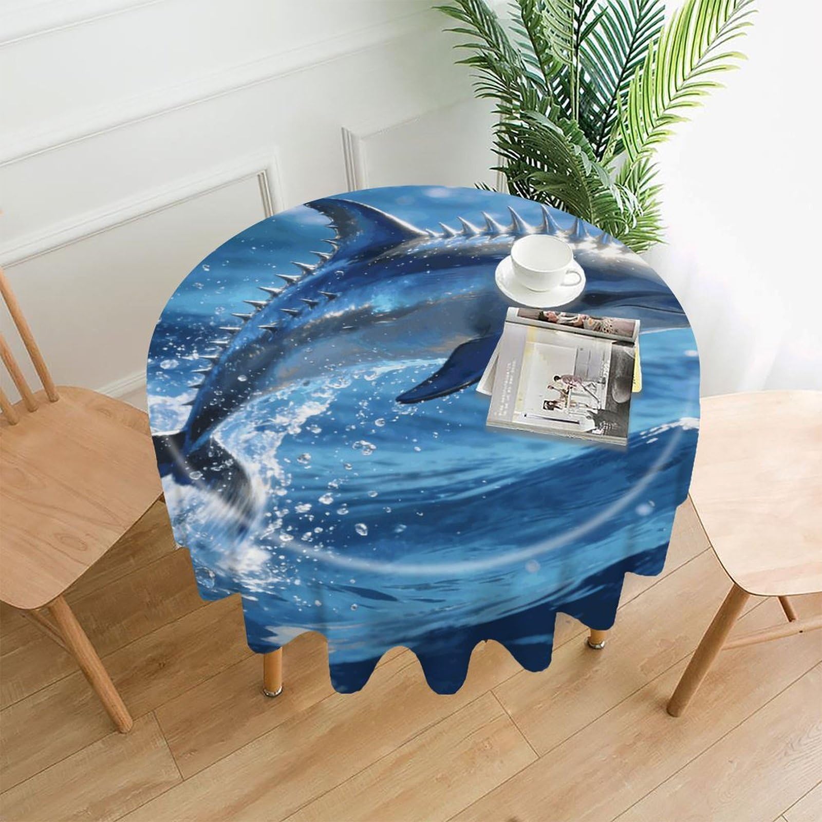 LZQPOEAS Marine Art Spiny Dolphin Tablecloth Easy to Clean Polyester Round Table Cover Washable Round Table Cloth Wrinkle-Free Circle Decoration Tablecloth for Kitchen and Dining Room 60"