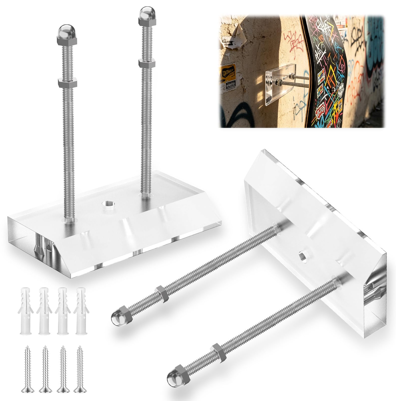 2 Piezas Soporte de Pared Flotante con Tornillos para monopatín para Monopatín Soporte Pared Skateboard Acrílico Soporte para Patineta para Exhibición y Almacenamiento