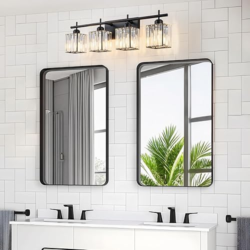 Miniatura 4 de Luces modernas de tocador de baño de cristal de 28.2 pulgadas, 4 luces de pared negro mate, accesorios de iluminación de baño sobre espejo, 4 luces
