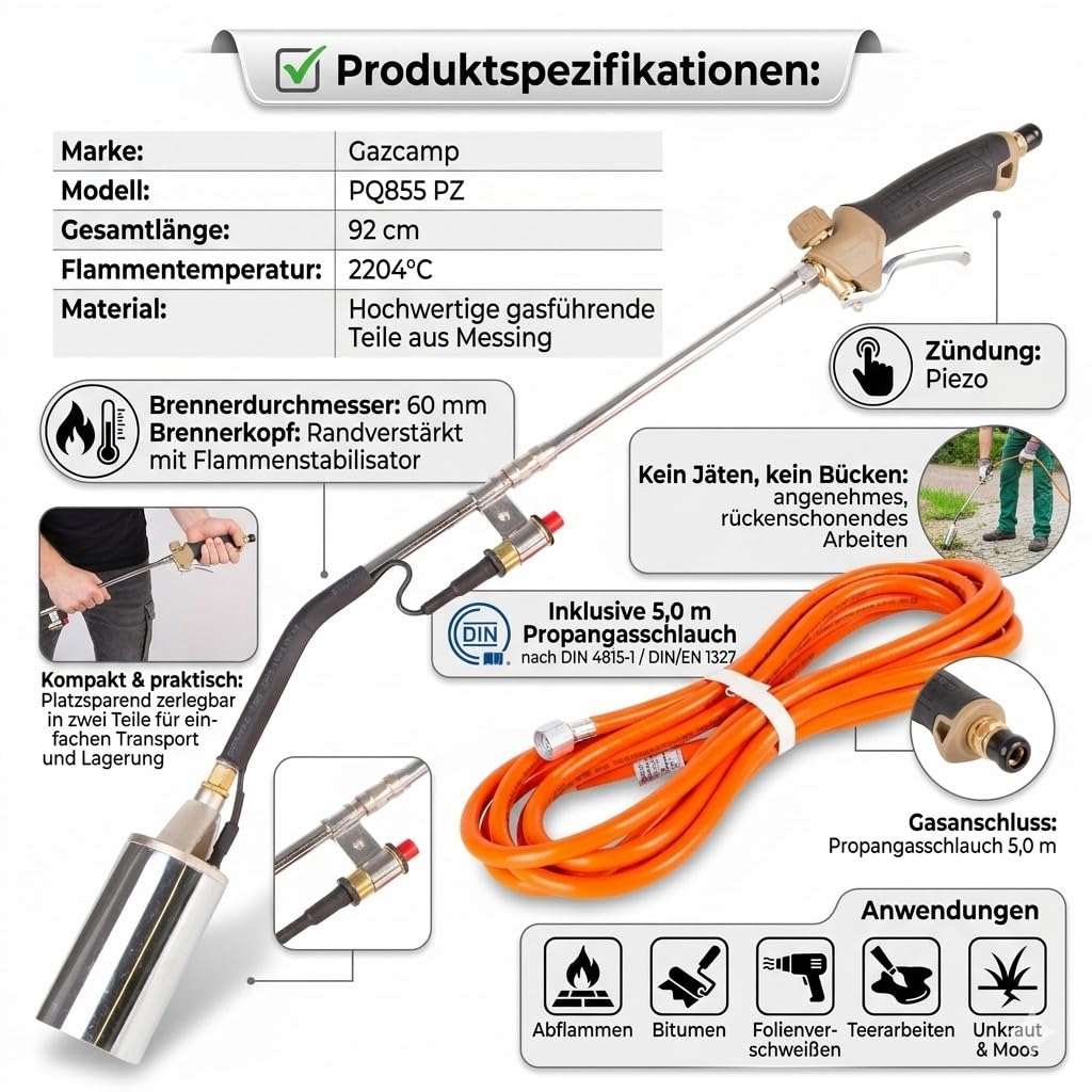Gazcamp PQ855 PZ Profi-Abflammgerät, 2-teilig mit Piezo-Zündung, 60mm Brennerkopf, 92cm Länge, 5m Propangasschlauch, für Dacharbeiten und Unkrautentfernung