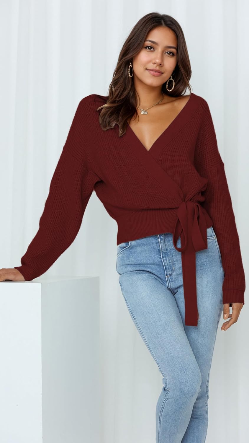 Women’s Cropped Sweater V-Neck Wrap Sweater Long Sleeve Ribbed Knit Pullover with Side Tie Valentines Day Outfit - Image 5