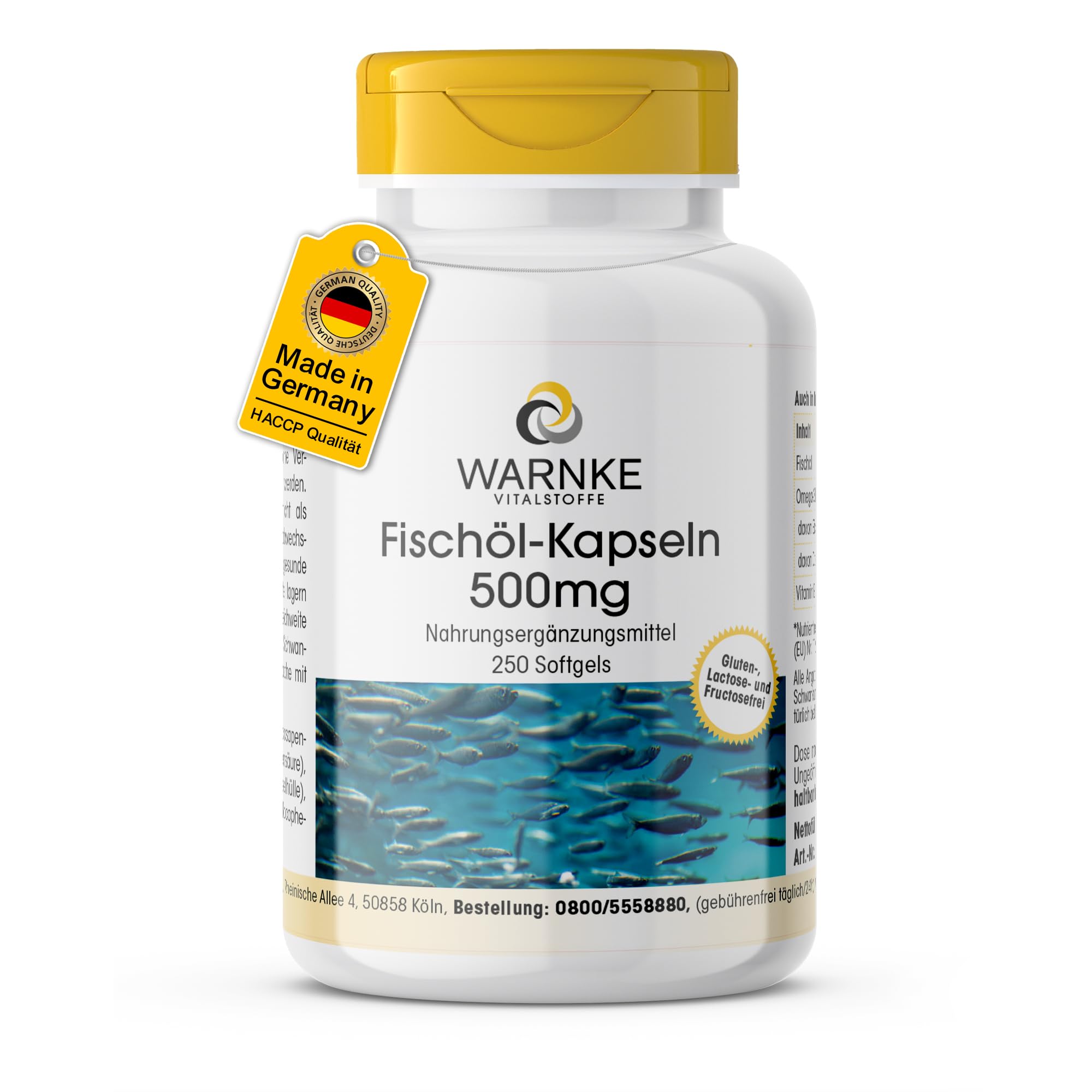 Fischöl-Kapseln 500 mg, 250 Stück – Omega-3 mit EPA 18% und DHA 12% (Warnke Vitalstoffe)