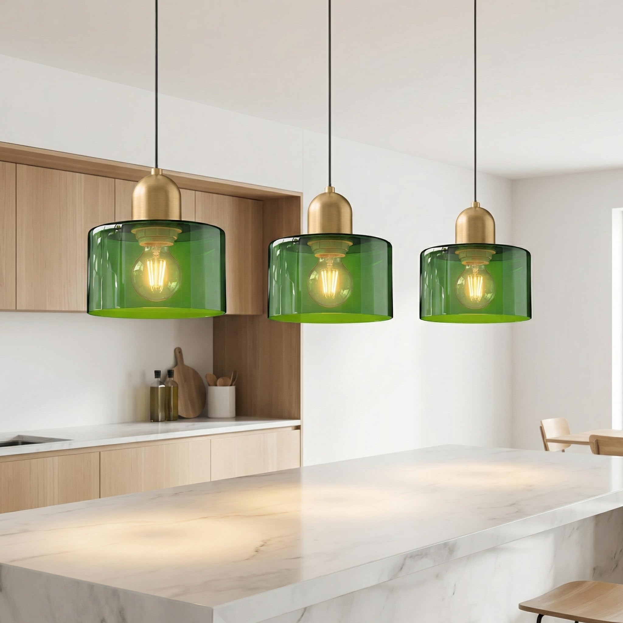 Mini Lampadario in Vetro, Lampada a Sospensione Moderna Retro E27 in Metallo Oro per Sala da Pranzo,Soggiorno,Cucina e Camera da Letto (Verde)