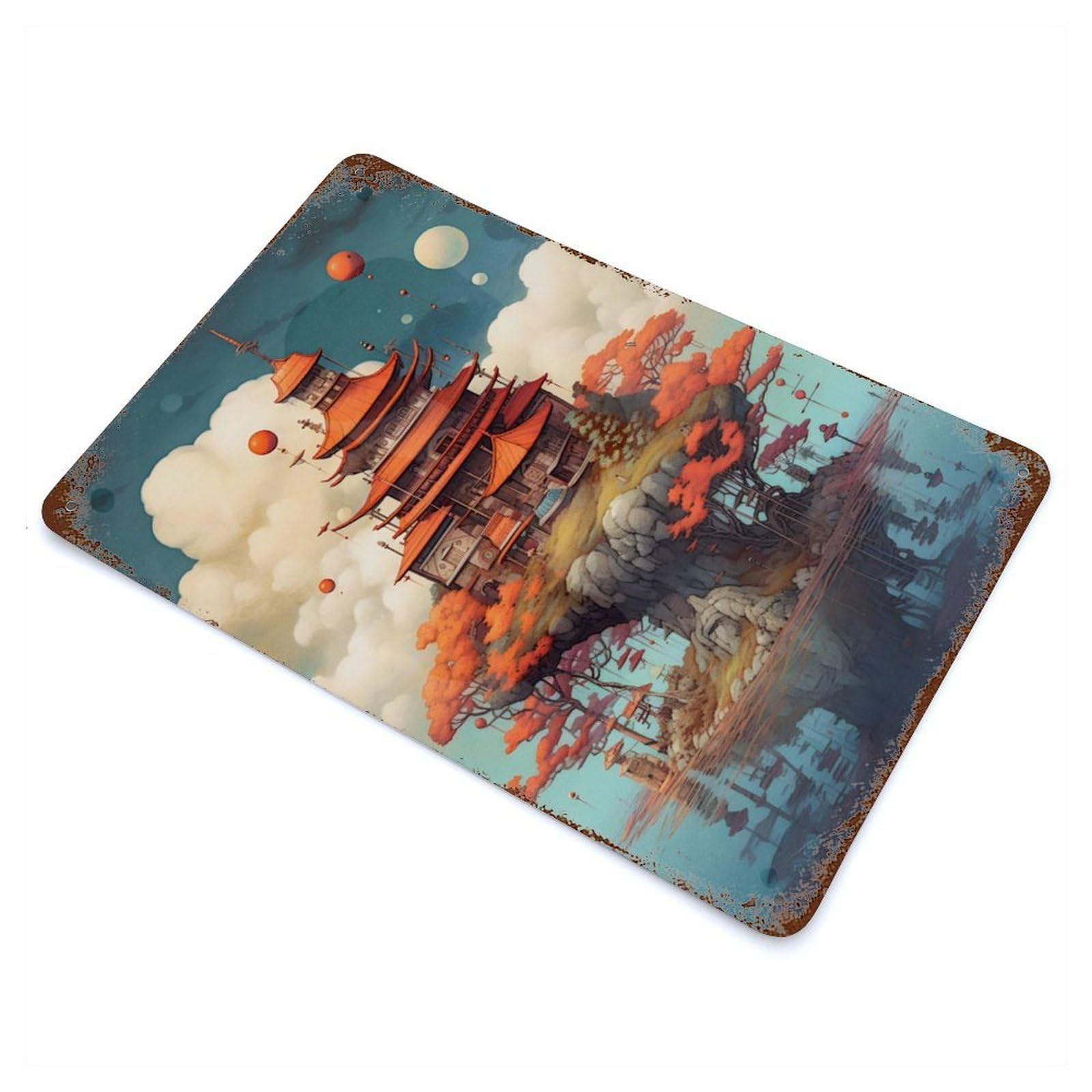 Vintage Rust Metal Sign Magical Floating Village 11.8"x7.9", Shabby Chic Decor for Cafe, Home Bar And Lounge Decor