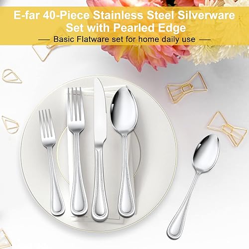 Miniatura 8 de Juego de cubiertos dorados para 4 unidades, juego de cubiertos de acero inoxidable E-far con borde perlado, incluye tenedores, cucharas y cuchillos,