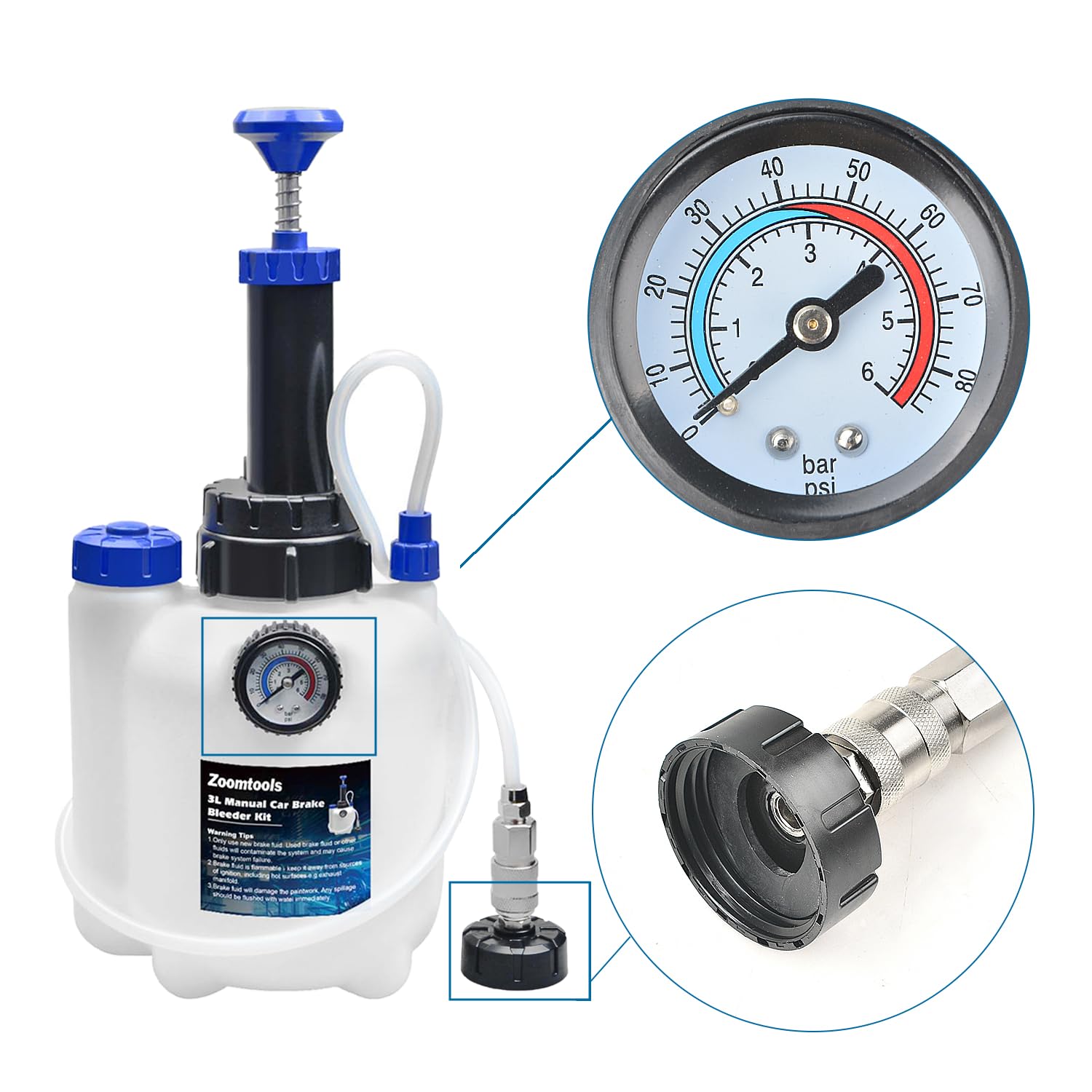 Kit di spurgo Freni Manuale 3L per Auto, Kit Cambio Liquido Freni con Serbatoio Raccolta 1L, 4 adattatori e Compatibile con la Maggior Parte dei Veicoli Europei
