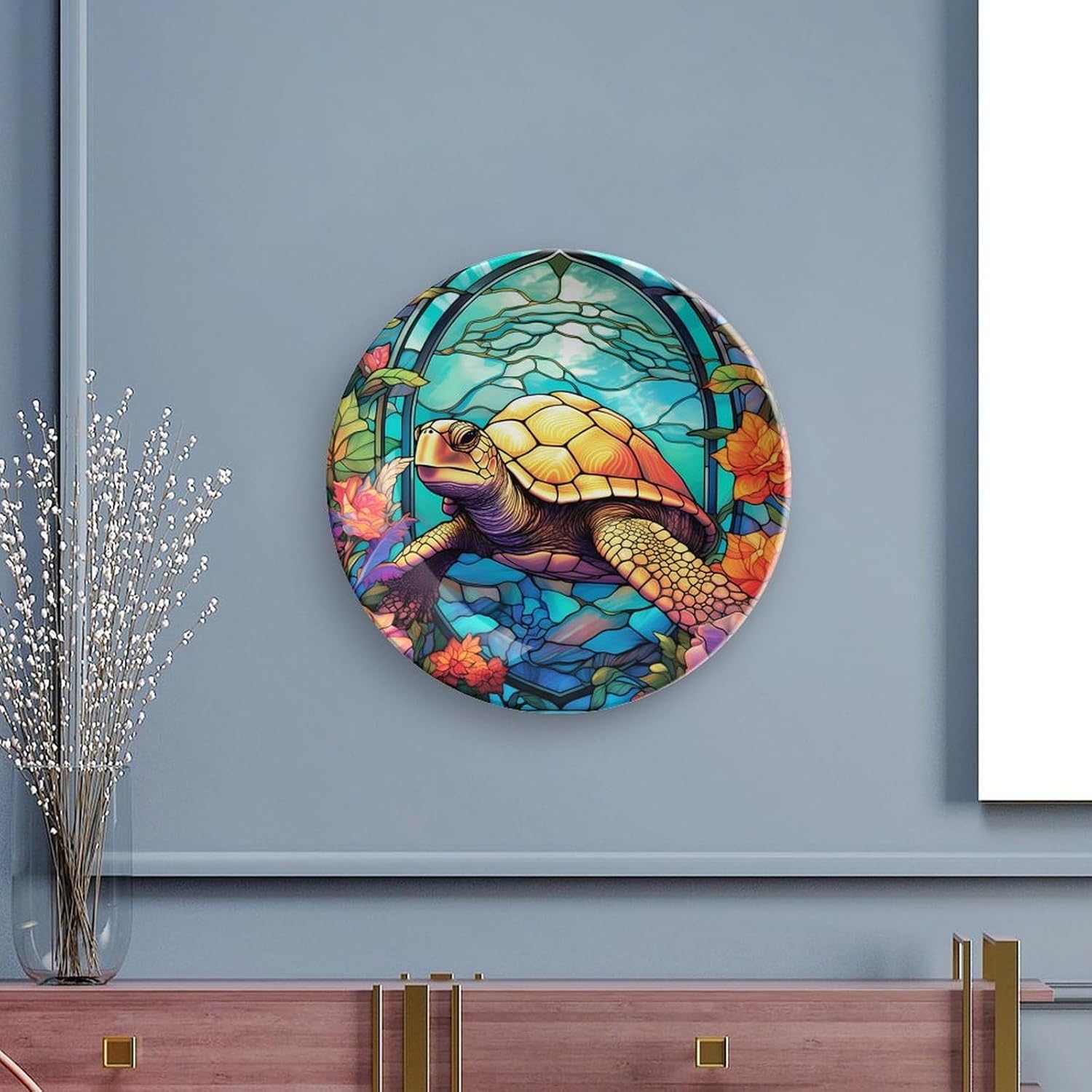 Decorative Plates, Ocean Turtle & Floral Stained Glass Painting Display Plate for Home Office Kitchen Table Decor Porcelain Plates 7 Inch, Gifts for Turtle Lovers