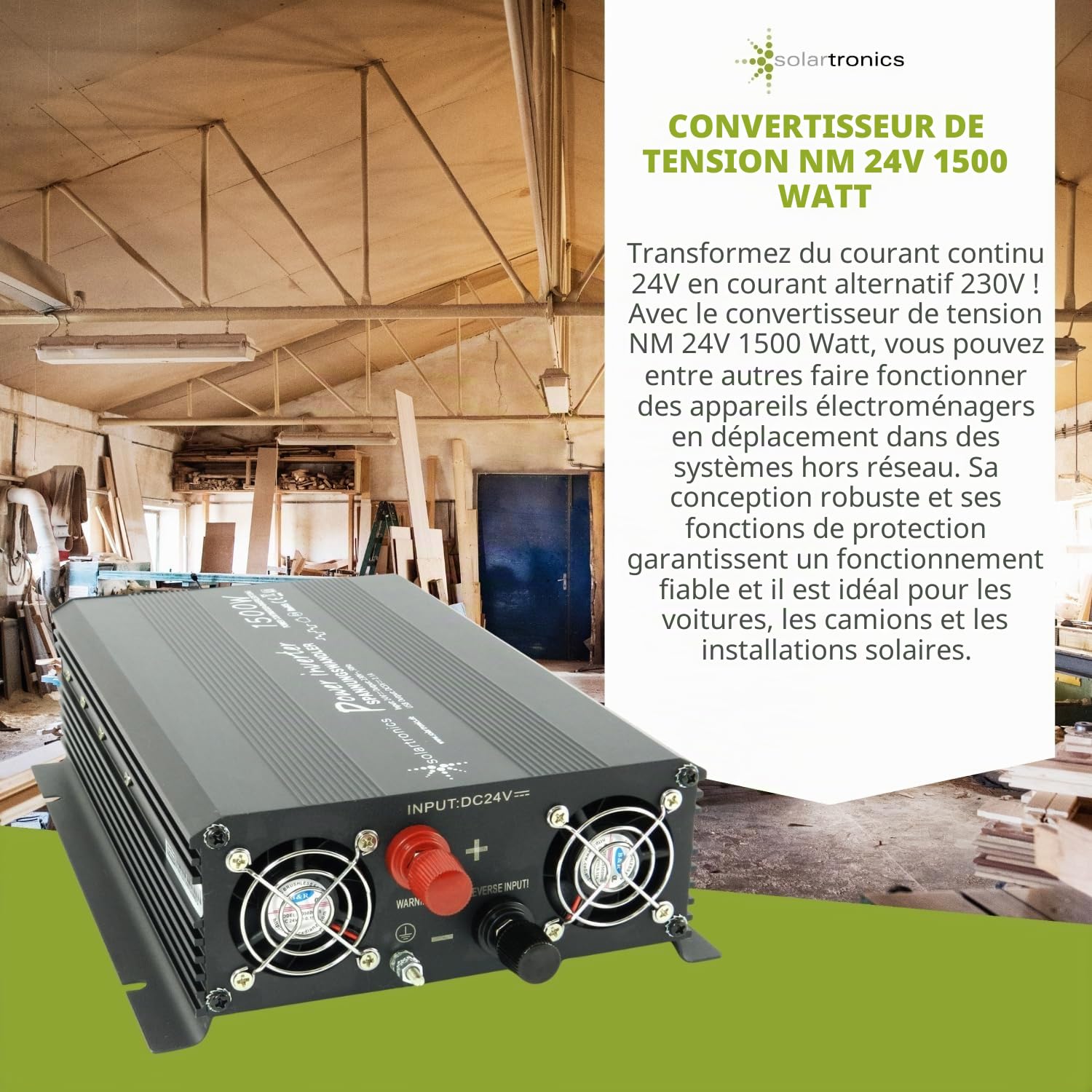 SOLARTRONICS NM 1500 Convertisseur de Tension 24V 230V Sinus modifié 1500W - 3000W Puissance de crête - Onduleur 24V à 230V convertisseur de Courant avec Prise Schuko & USB