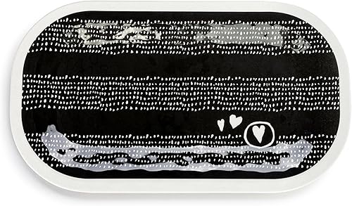 DEMDACO Hearts - Plato de melamina y bambú rectangular mediano de 16 x 9 pulgadas, color blanco y negro