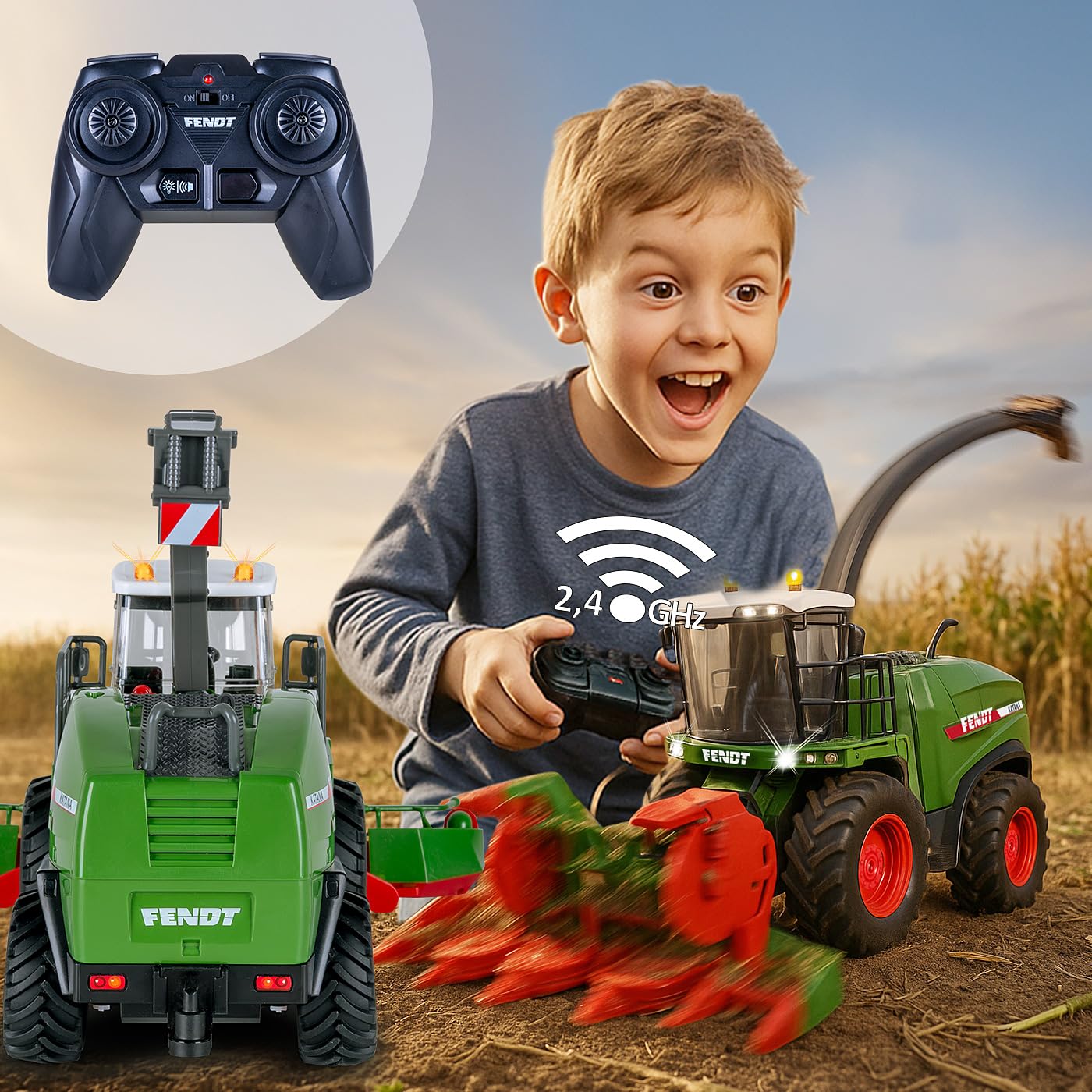 JAMARA 405315 Fendt Katana RC 1:24S - traktor Fendt zabawka, zdalnie sterowany traktor RC dla dzieci, model pojazdu rolniczego, prezent dla dzieci, światło